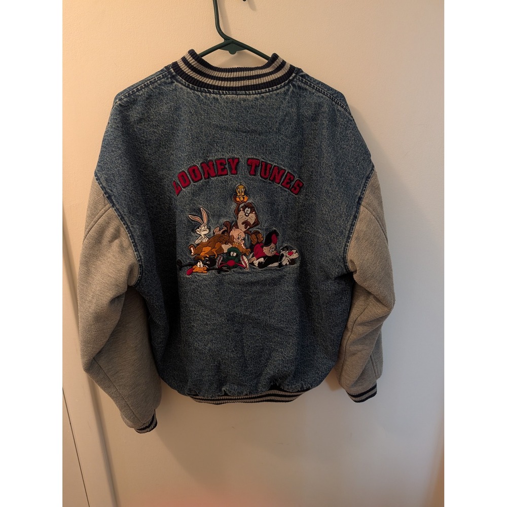 Vintage 1995 Warner Bros Looney Tunes Denim Varsity Jacket Acid Wash Medium